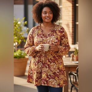 Torrid Rust Floral Gauze Esther Peasant Long Sleeve Blouse - Size 3 (22/24)